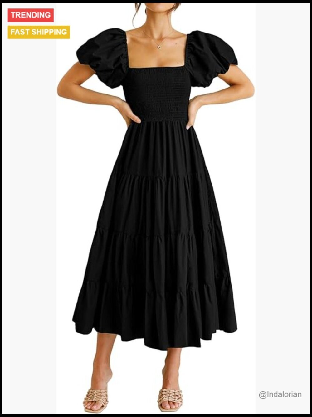 Puffy Short Sleeve Square Neck Smocked Tiered Ruffle Midi Dress